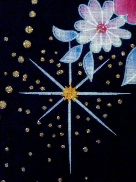 画像7: M0914N  女性用 浴衣(海外製) リボン柄 綿   黒, 花 【中古】 【USED】 【リサイクル】 ★★★★☆ (7)