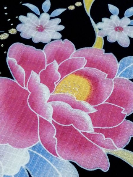 画像8: M0914N  女性用 浴衣(海外製) リボン柄 綿   黒, 花 【中古】 【USED】 【リサイクル】 ★★★★☆ (8)