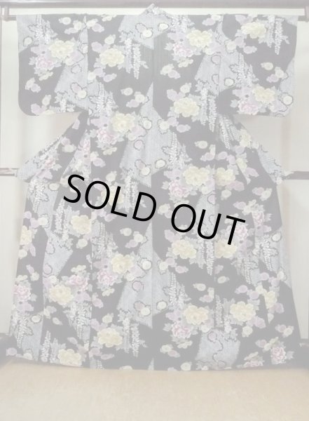 画像1: M0914Q  女性用 浴衣（海外製）  綿   黒, ぼたん 【中古】 【USED】 【リサイクル】 ★★★★☆ (1)