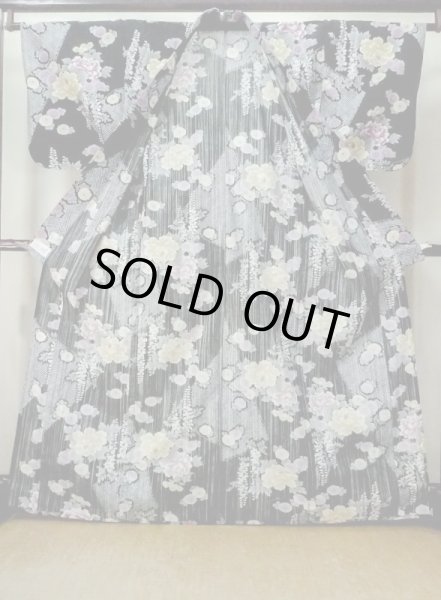 画像2: M0914Q  女性用 浴衣(海外製)  綿   黒, ぼたん 【中古】 【USED】 【リサイクル】 ★★★★☆ (2)