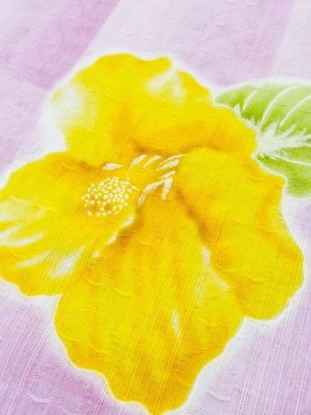 画像7: M0914T  女性用 浴衣(海外製) ハイビスカス柄、地紋:ハート柄 綿   桃色,  【中古】 【USED】 【リサイクル】 ★★★☆☆ (7)