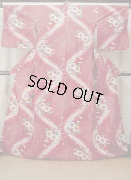 画像1: M0914W  女性用 浴衣（海外製） 朝顔、とんぼ 綿   赤色, 桜 【中古】 【USED】 【リサイクル】 ★★★☆☆ (1)