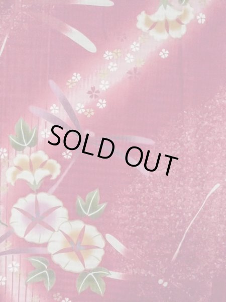 画像3: M0914W  女性用 浴衣（海外製） 朝顔、とんぼ 綿   赤色, 桜 【中古】 【USED】 【リサイクル】 ★★★☆☆ (3)
