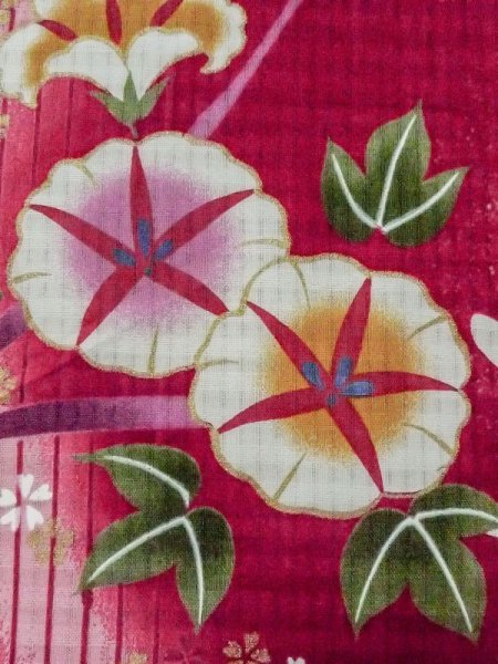 画像5: M0914W  女性用 浴衣(海外製) 朝顔、とんぼ 綿   赤色, 桜 【中古】 【USED】 【リサイクル】 ★★★☆☆ (5)