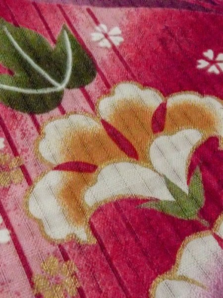 画像8: M0914W  女性用 浴衣(海外製) 朝顔、とんぼ 綿   赤色, 桜 【中古】 【USED】 【リサイクル】 ★★★☆☆ (8)