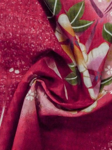 画像9: M0914W  女性用 浴衣(海外製) 朝顔、とんぼ 綿   赤色, 桜 【中古】 【USED】 【リサイクル】 ★★★☆☆ (9)