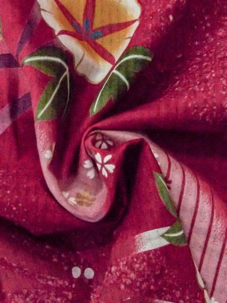 画像10: M0914W  女性用 浴衣(海外製) 朝顔、とんぼ 綿   赤色, 桜 【中古】 【USED】 【リサイクル】 ★★★☆☆ (10)