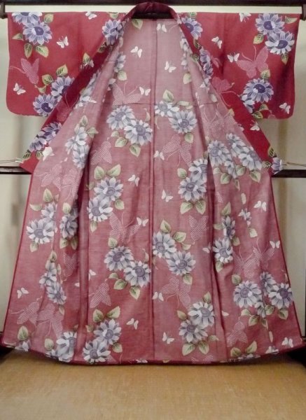 画像2: M0914Y  女性用 浴衣(海外製) ひまわり柄 綿   えんじ, 蝶々 【中古】 【USED】 【リサイクル】 ★★★☆☆ (2)