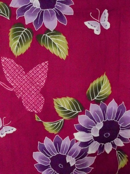 画像3: M0914Y  女性用 浴衣(海外製) ひまわり柄 綿   えんじ, 蝶々 【中古】 【USED】 【リサイクル】 ★★★☆☆ (3)