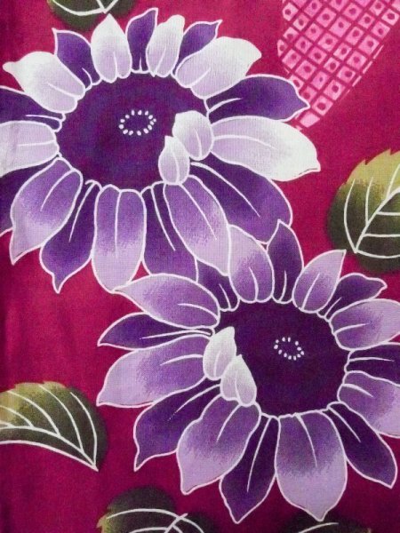 画像5: M0914Y  女性用 浴衣(海外製) ひまわり柄 綿   えんじ, 蝶々 【中古】 【USED】 【リサイクル】 ★★★☆☆ (5)