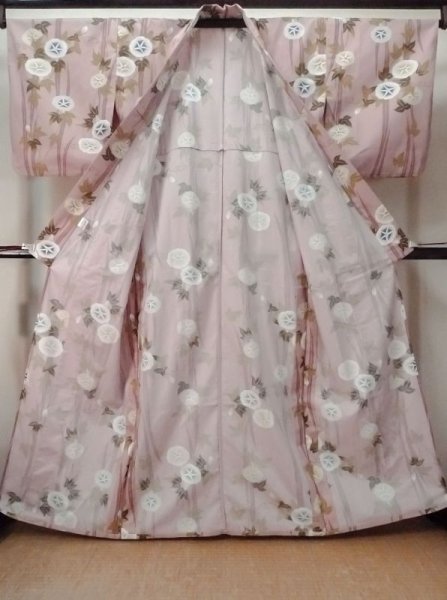 画像2: M0915A  女性用 浴衣(海外製) 朝顔 綿 薄い 灰色がかった 珊瑚色, 線 【中古】 【USED】 【リサイクル】 ★★☆☆☆ (2)