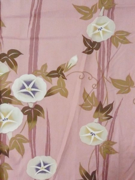 画像3: M0915A  女性用 浴衣(海外製) 朝顔 綿 薄い 灰色がかった 珊瑚色, 線 【中古】 【USED】 【リサイクル】 ★★☆☆☆ (3)