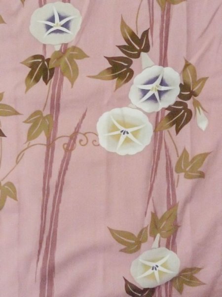 画像4: M0915A  女性用 浴衣(海外製) 朝顔 綿 薄い 灰色がかった 珊瑚色, 線 【中古】 【USED】 【リサイクル】 ★★☆☆☆ (4)