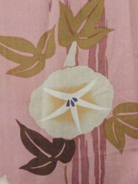 画像6: M0915A  女性用 浴衣(海外製) 朝顔 綿 薄い 灰色がかった 珊瑚色, 線 【中古】 【USED】 【リサイクル】 ★★☆☆☆ (6)