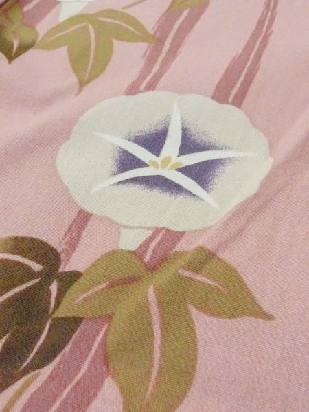 画像7: M0915A  女性用 浴衣(海外製) 朝顔 綿 薄い 灰色がかった 珊瑚色, 線 【中古】 【USED】 【リサイクル】 ★★☆☆☆ (7)