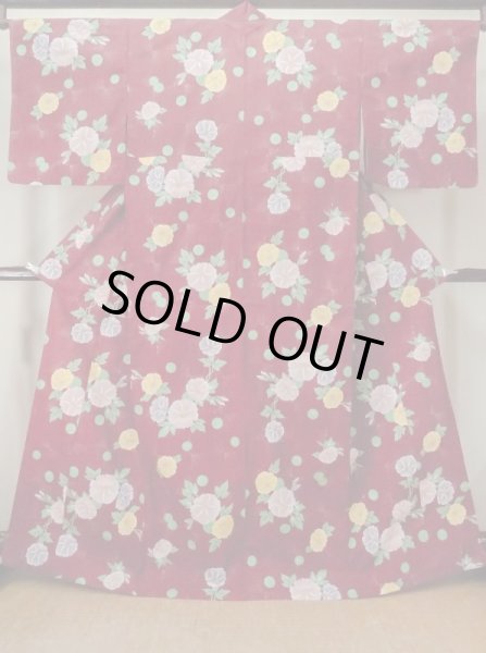 画像1: M0915D  女性用 浴衣（海外製） 朝顔 綿   えんじ, 丸 【中古】 【USED】 【リサイクル】 ★☆☆☆☆ (1)