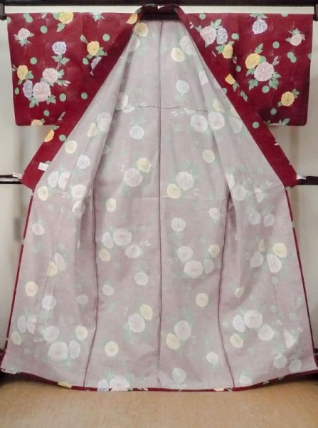 画像2: M0915D  女性用 浴衣(海外製) 朝顔 綿   えんじ, 丸 【中古】 【USED】 【リサイクル】 ★☆☆☆☆ (2)