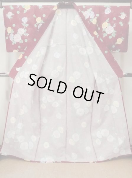 画像2: M0915D  女性用 浴衣（海外製） 朝顔 綿   えんじ, 丸 【中古】 【USED】 【リサイクル】 ★☆☆☆☆ (2)