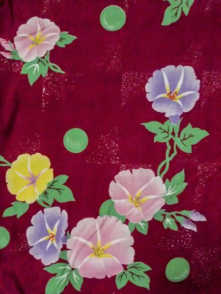 画像3: M0915D  女性用 浴衣(海外製) 朝顔 綿   えんじ, 丸 【中古】 【USED】 【リサイクル】 ★☆☆☆☆ (3)