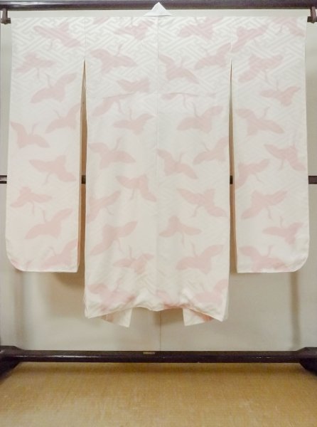 画像2: M1003L  女性用 襦袢  シルク(正絹)   オフ ホワイト, 鶴 【中古】 【USED】 【リサイクル】 ★★★☆☆ (2)