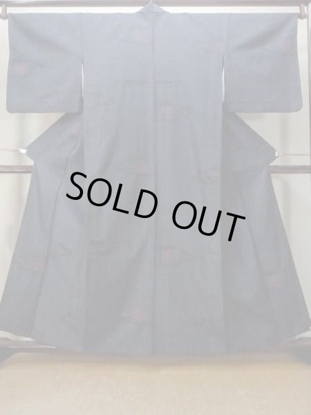 画像1: M1018K  女性用 単衣  ウール  深い 紺, 唐花 【中古】 【USED】 【リサイクル】 ★☆☆☆☆ (1)