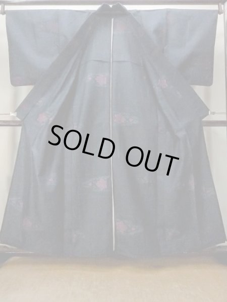 画像2: M1018K  女性用 単衣  ウール  深い 紺, 唐花 【中古】 【USED】 【リサイクル】 ★☆☆☆☆ (2)