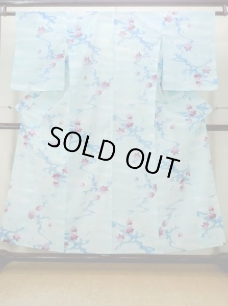 画像1: M1019C  女性用 単衣  化繊   水色, もみじ 【中古】 【USED】 【リサイクル】 ★★★☆☆ (1)