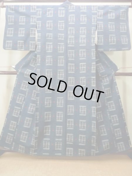 画像1: M1025E  女性用 単衣  ウール 深い 灰色がかった 青, 四角 【中古】 【USED】 【リサイクル】 ★★★★☆ (1)