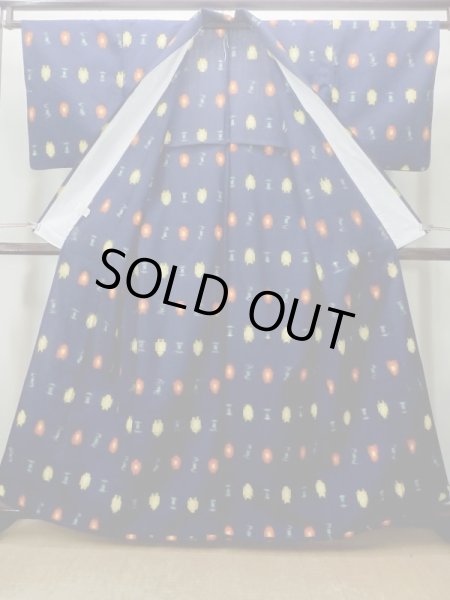 画像2: M1025H  女性用 単衣  ウール   紺, 抽象的模様 【中古】 【USED】 【リサイクル】 ★★☆☆☆ (2)