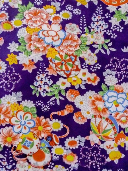 画像4: M1108F  女性用 襦袢 扇柄 シルク(正絹)  鮮やか 紫色, ぼたん 【中古】 【USED】 【リサイクル】 ★★☆☆☆ (4)