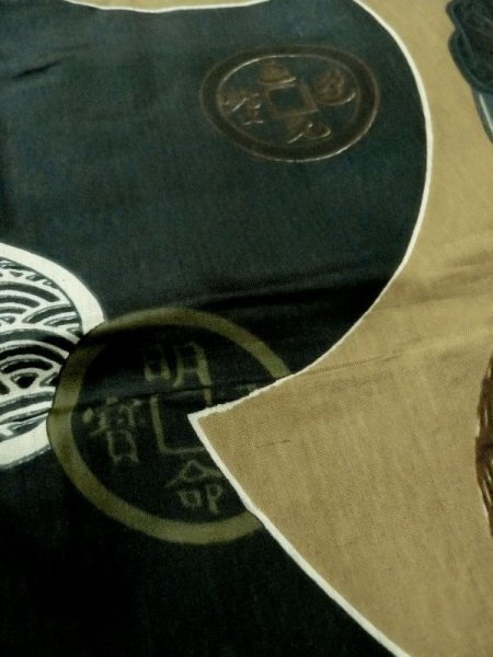 画像9: M1128K  男性用襦袢 七福神柄、硬貨柄 化繊   黒, 岩 【中古】 【USED】 【リサイクル】 ★☆☆☆☆ (9)