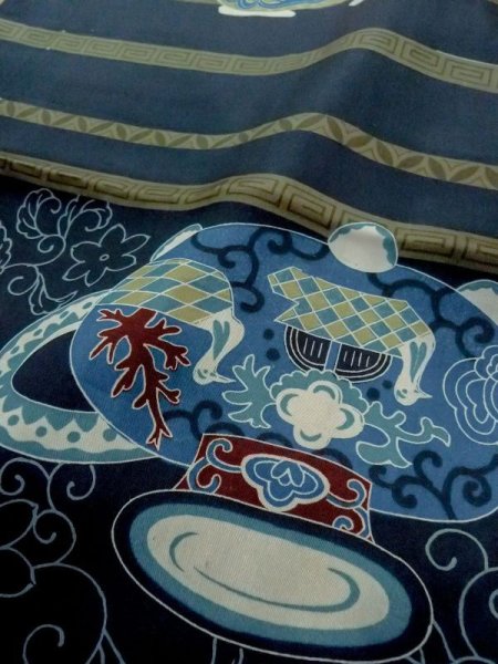 画像9: M1128M  男性用襦袢  化繊   藍, 鳥 【中古】 【USED】 【リサイクル】 ★★☆☆☆ (9)