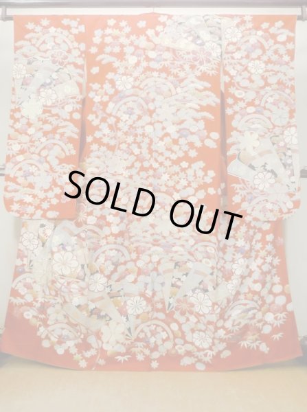 画像1: M1207A  女性用 振袖  シルク（正絹）   赤色, ぼたん 【中古】 【USED】 【リサイクル】 ★★★☆☆ (1)