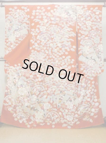 画像2: M1207A  女性用 振袖  シルク（正絹）   赤色, ぼたん 【中古】 【USED】 【リサイクル】 ★★★☆☆ (2)