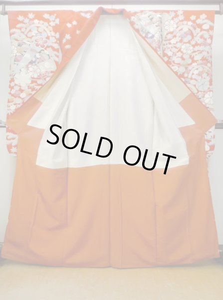 画像4: M1207A  女性用 振袖  シルク（正絹）   赤色, ぼたん 【中古】 【USED】 【リサイクル】 ★★★☆☆ (4)