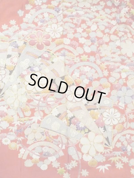 画像5: M1207A  女性用 振袖  シルク（正絹）   赤色, ぼたん 【中古】 【USED】 【リサイクル】 ★★★☆☆ (5)