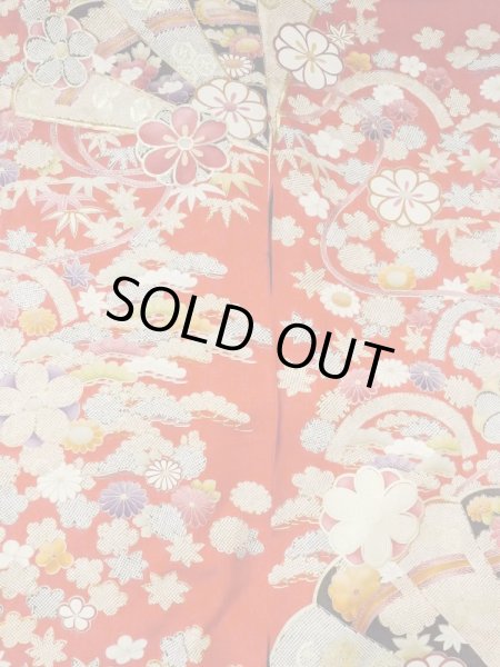 画像7: M1207A  女性用 振袖  シルク（正絹）   赤色, ぼたん 【中古】 【USED】 【リサイクル】 ★★★☆☆ (7)