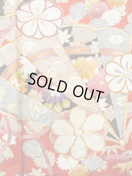 画像10: M1207A  女性用 振袖  シルク（正絹）   赤色, ぼたん 【中古】 【USED】 【リサイクル】 ★★★☆☆ (10)