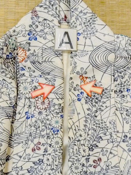 画像14: M1228T  女性用 小紋  化繊   白, 菊 【中古】 【USED】 【リサイクル】 ★★☆☆☆ (14)