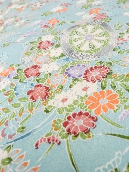 画像8: M1228V  女性用 小紋  シルク(正絹)  淡い 水色, 菊 【中古】 【USED】 【リサイクル】 ★★☆☆☆ (8)