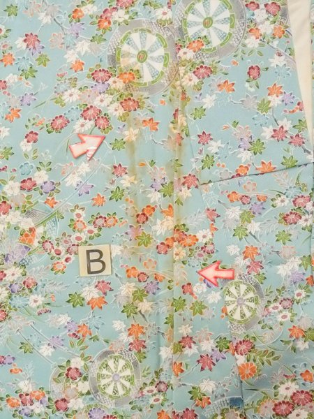 画像15: M1228V  女性用 小紋  シルク(正絹)  淡い 水色, 菊 【中古】 【USED】 【リサイクル】 ★★☆☆☆ (15)