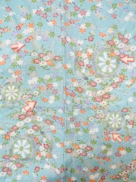 画像21: M1228V  女性用 小紋  シルク(正絹)  淡い 水色, 菊 【中古】 【USED】 【リサイクル】 ★★☆☆☆ (21)