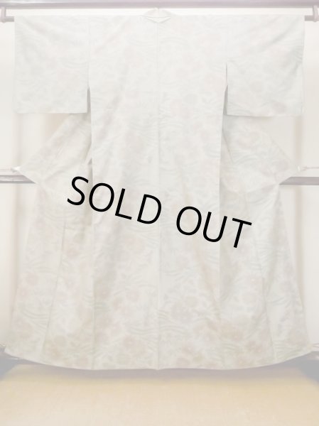 画像1: N0123M  女性用 紬  シルク（正絹）  灰色がかった 緑色, 花 【中古】 【USED】 【リサイクル】 ★★☆☆☆ (1)