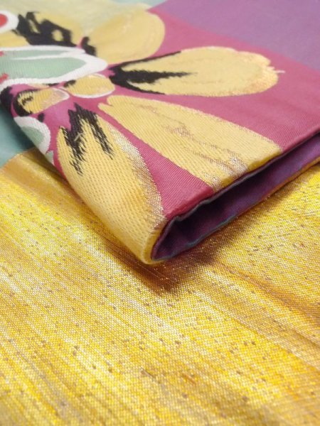 画像5: N0216C 名古屋帯 女性用着物 シルク(正絹)  光沢のある マルチカラー 花 【中古】 【USED】 【リサイクル】 ★★☆☆☆ (5)