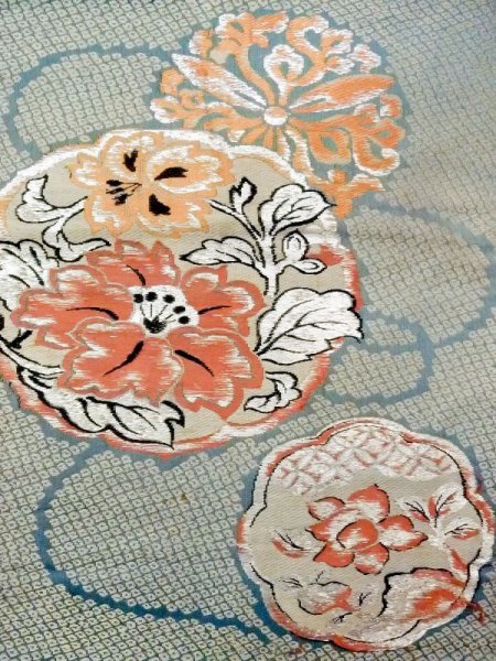 画像2: N0216F 名古屋帯 女性用着物 シルク(正絹) 灰色がかった 緑み 水色 花 【中古】 【USED】 【リサイクル】 ★☆☆☆☆ (2)