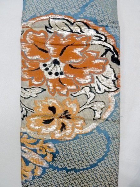 画像4: N0216F 名古屋帯 女性用着物 シルク(正絹) 灰色がかった 緑み 水色 花 【中古】 【USED】 【リサイクル】 ★☆☆☆☆ (4)