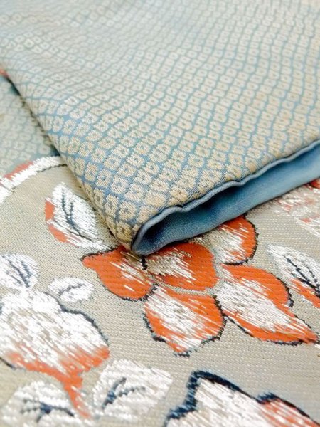 画像5: N0216F 名古屋帯 女性用着物 シルク(正絹) 灰色がかった 緑み 水色 花 【中古】 【USED】 【リサイクル】 ★☆☆☆☆ (5)