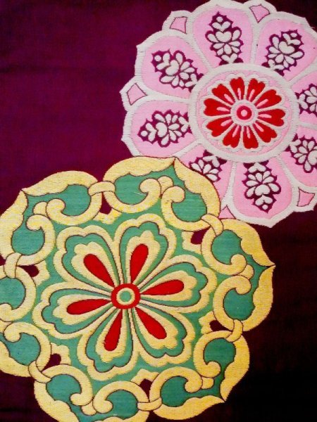 画像2: N0216J 名古屋帯 女性用着物 シルク(正絹)  紫み えんじ 唐花 【中古】 【USED】 【リサイクル】 ★★★☆☆ (2)