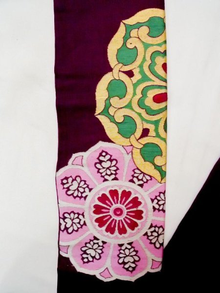 画像4: N0216J 名古屋帯 女性用着物 シルク(正絹)  紫み えんじ 唐花 【中古】 【USED】 【リサイクル】 ★★★☆☆ (4)