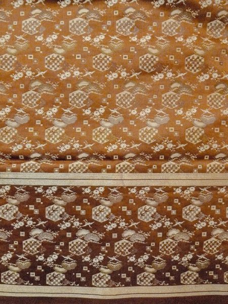 画像3: N0216N 名古屋帯 女性用着物 シルク(正絹)  光沢のある 茶色 花 【中古】 【USED】 【リサイクル】 ★★☆☆☆ (3)